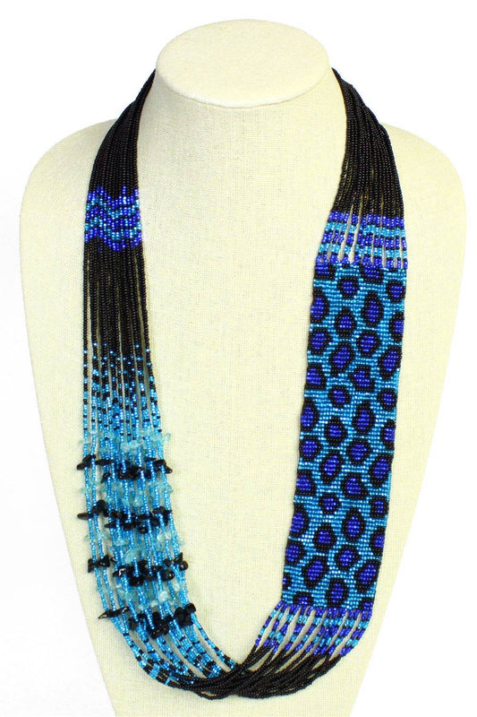 Blue Leopard Czech Glass Seed Beads Necklace