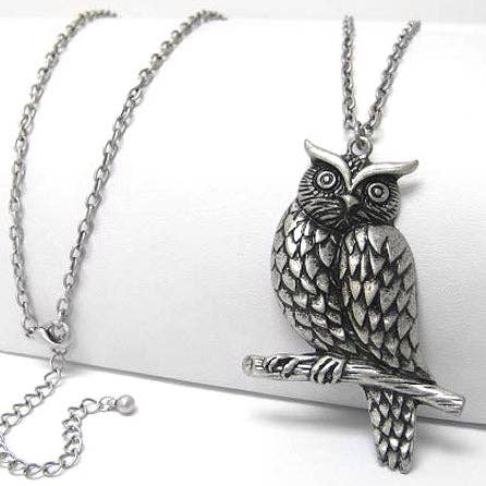 Large Owl Guardian on Tree Branch Antiqued Pendant with Long 30" Chain Necklace