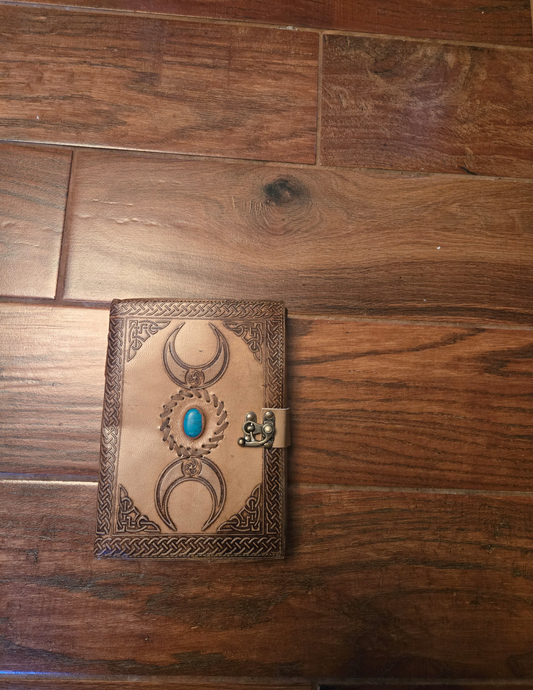 Hand Crafted Leather Triple Moon Journal with Turquoise Stone/200 Pages