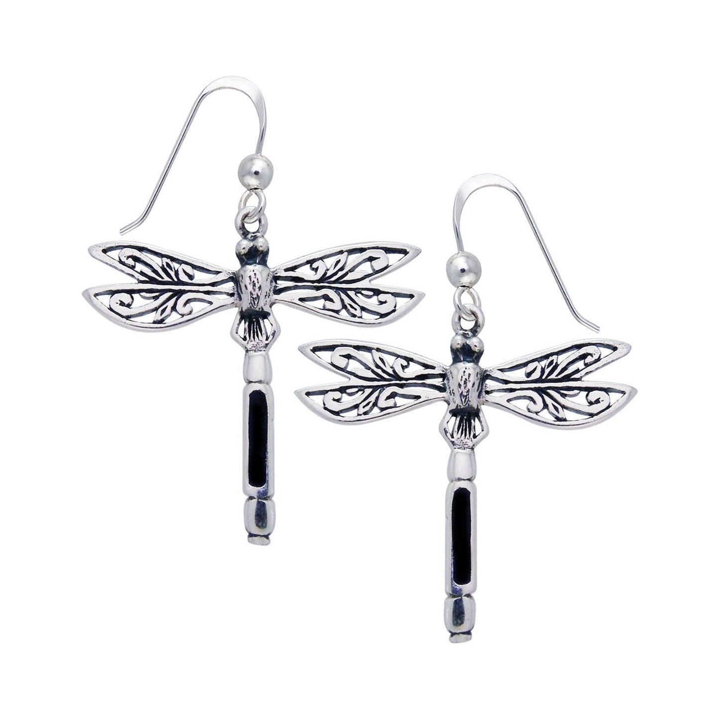 Sterling Silver Filigree Dragonfly Black Stone Inlay Earrings