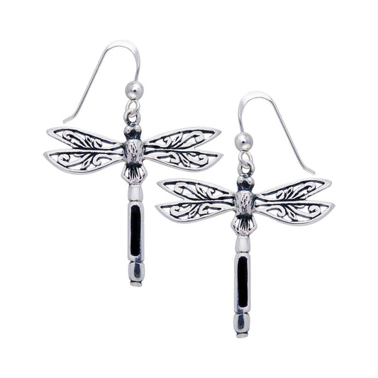 Sterling Silver Filigree Dragonfly Black Stone Inlay Earrings