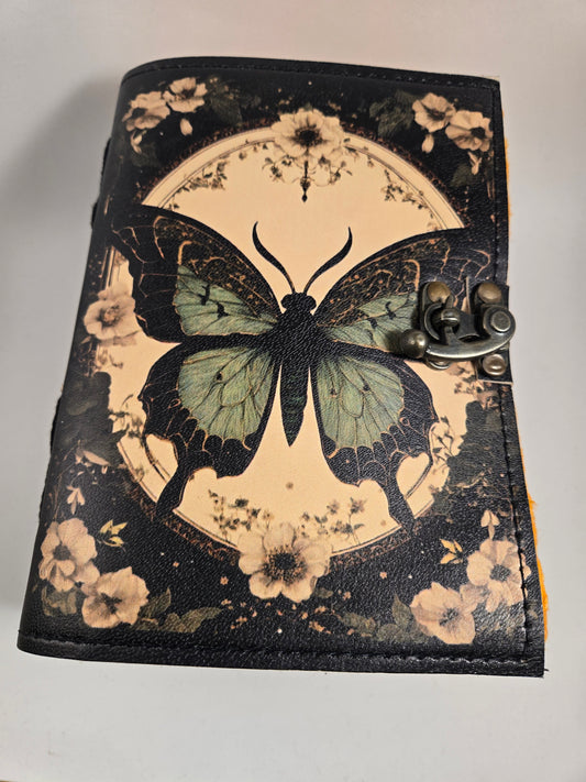 Handcrafted Leather Journal (7x5, 400 pages) , Floral Morpho Green Butterfly